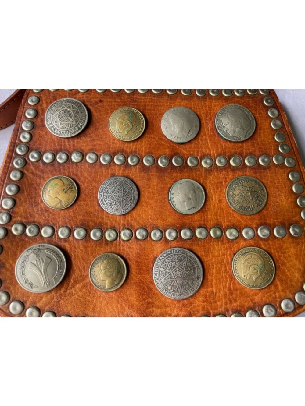 Vintage Moroccan Berber Leather Guerrab Bag Coin Studded Water Carrier 6x8 - Picture 2 of 14